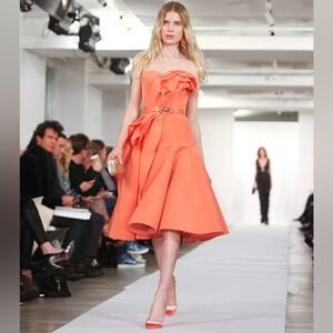°$4,800 OSCAR DE LA RENTA RUNWAY ORANGE SALMON RUFFLE SILK MIDI DRESS US XL